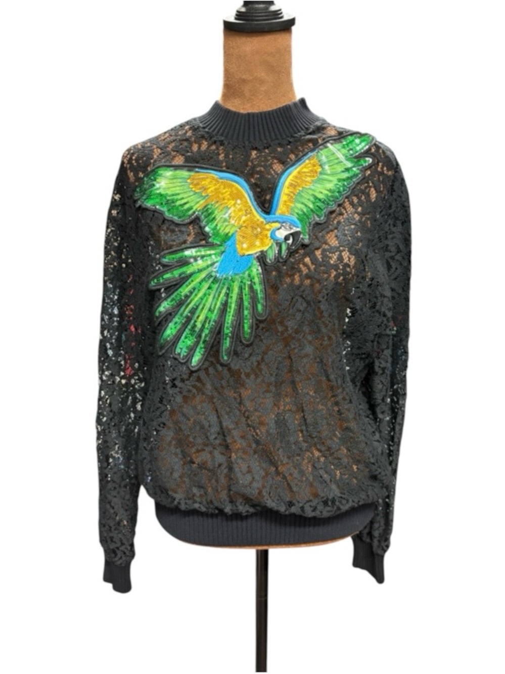 PINKO Black Lace Parrot Embroidered Appliqué Top IT 38 Made in Italy